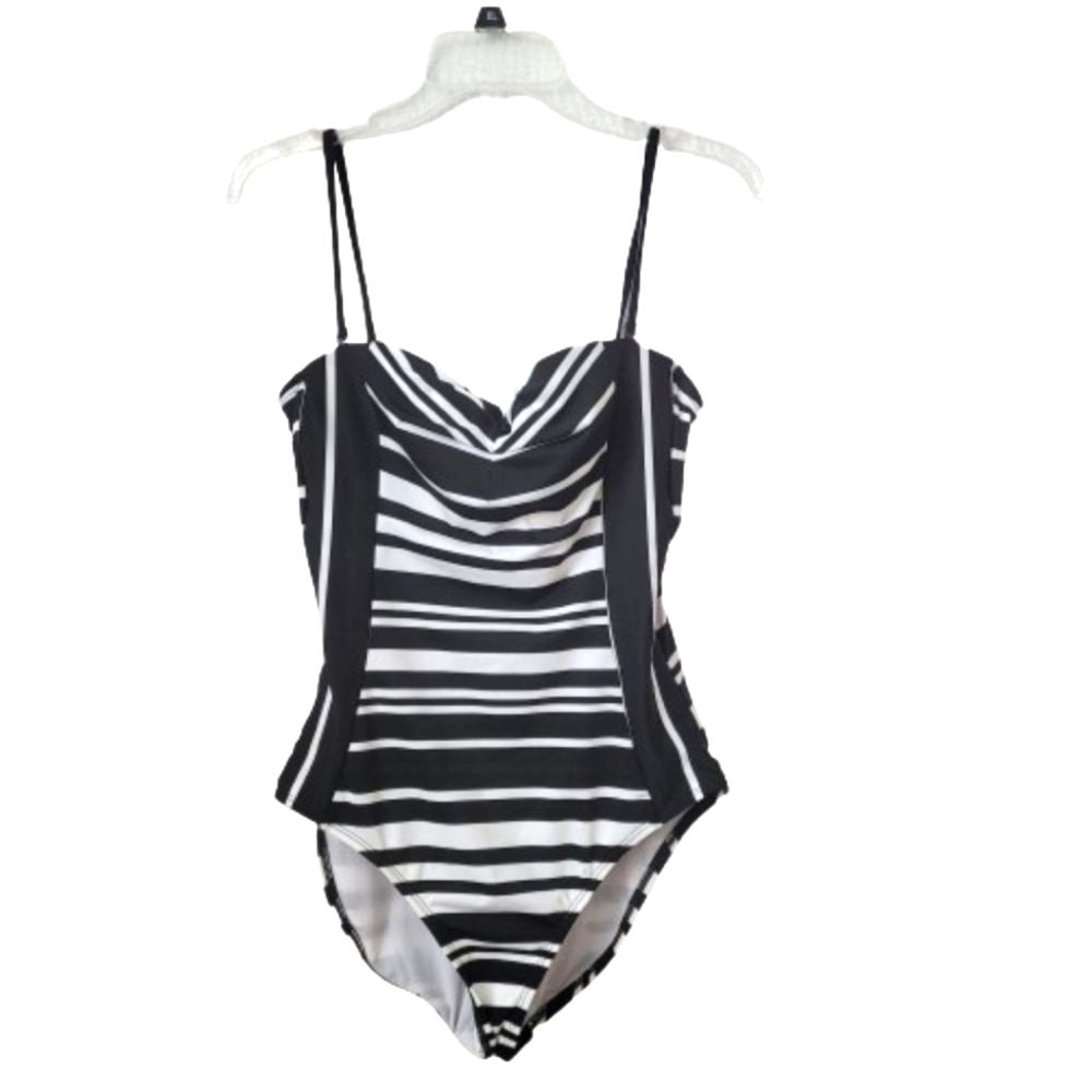 NWOT Kenneth Cole Black & White  Stripe 1 Pc Swimsuit, Sz L